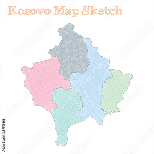 Kosovo map. Hand-drawn country. Overwhelming sketchy Kosovo map with regions. Vector illustration.