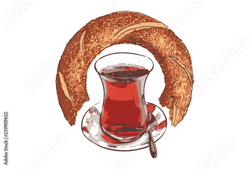 A cup of Turkish black tea and bagel on a white background. Vector illustration.