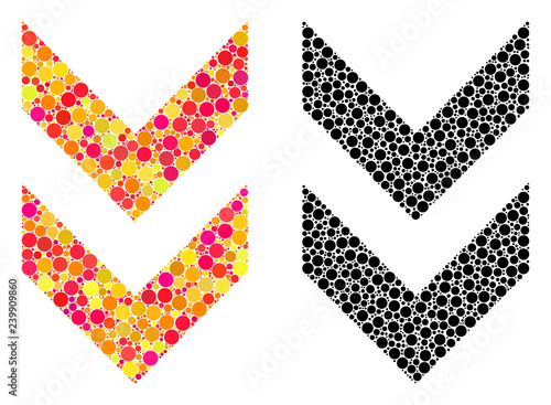 Dot shift down mosaic icons. Vector shift down icons in multi-colored and black versions. Collages of variable spheric dots. Vector collages of shift down images composed of variable small spheres.