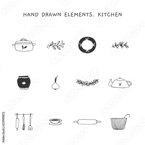 Kitchen logo elements set. Vector hand drawn objects.