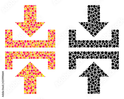 Pixel press vertical direction mosaic icons. Vector press vertical direction icons in colorful and black versions. Collages of casual circle spots.