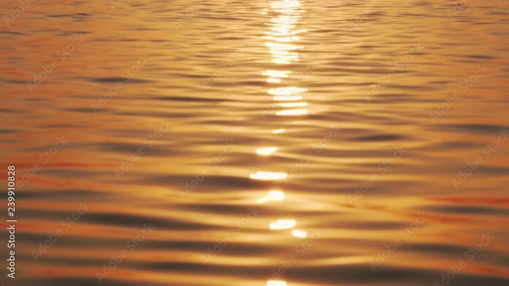 Slow motion of the sea surface with small waves against the backdrop of the sunrise of the sun. A large disk of the sun rises above the sea, a solar path on the water. Golden light of the sea panorama Slow motion of the sea surface with small waves against the backdrop of the sunrise of the sun. A large disk of the sun rises above the sea, a solar path on the water. Golden light of the sea panorama