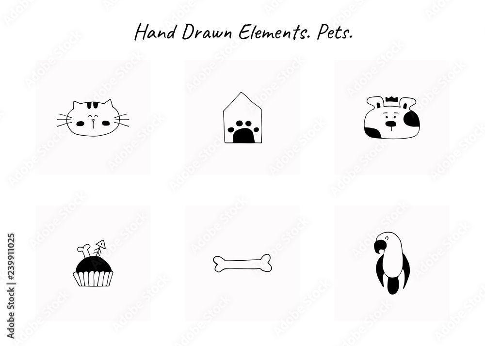 Set of vector hand drawn icons, domestic animals. Logo elements for pets related business. Set of vector hand drawn icons, domestic animals. Logo elements for pets related business.