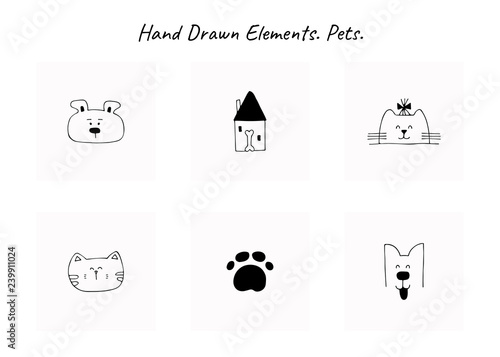 Set of vector hand drawn icons, domestic animals. Logo elements for pets related business.