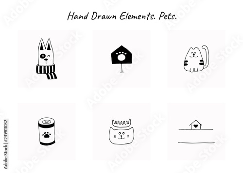 Set of vector hand drawn icons, domestic animals. Logo elements for pets related business.