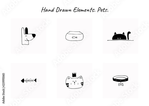 Set of vector hand drawn icons, domestic animals. Logo elements for pets related business. photo