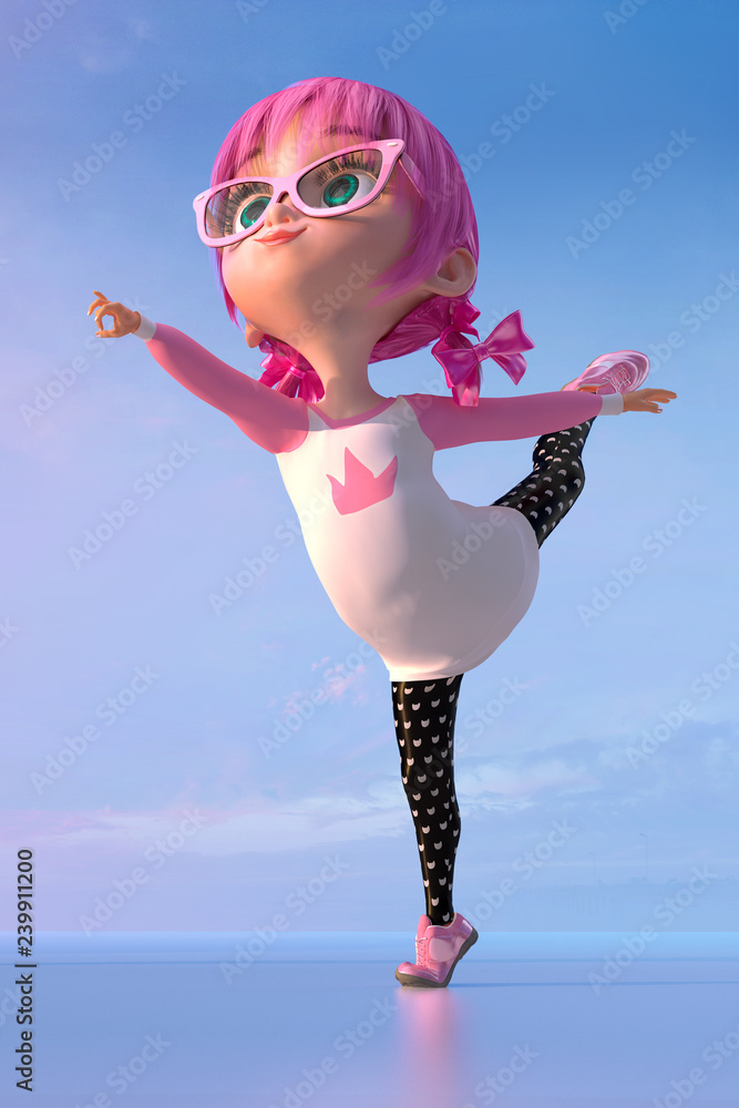 Graceful cute cartoon ballerina girl dancing ballet pose. Funny child  cartoon character of a kawaii child girl with glasses and pink anime hairs.  Dancing and happy childhood concept. 3D Stock Illustration |