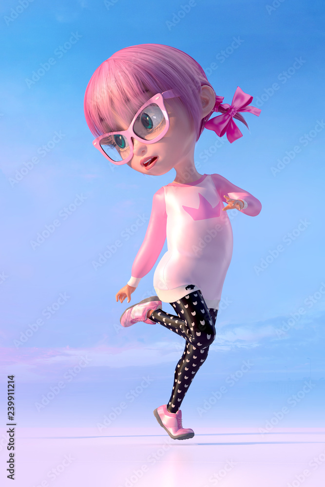 Illustration of a cute cartoon girl playing on the children playground. Funny  cartoon kid character of a little kawaii girl with glasses and pink anime  hairs. 3D render Stock Illustration | Adobe