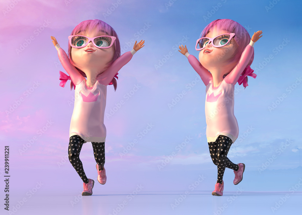 Happy kid girl with outstretched arms, two poses. Funny child cartoon  character of a kawaii pretty girl with glasses and pink anime hairs.  Freedom and happy childhood concept. 3D render Stock Illustration |