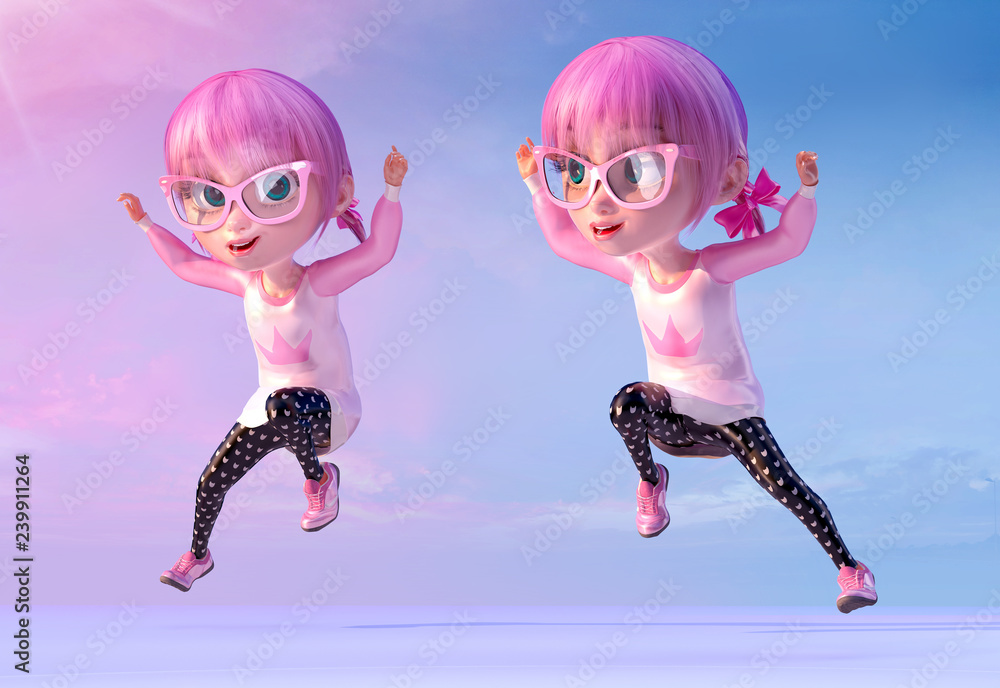 Cheerful kid girl jumping outstretched arms, two poses. Funny child cartoon  character of a kawaii child girl with glasses and pink anime hairs. Freedom  and happy childhood concept. 3D render Stock Illustration |