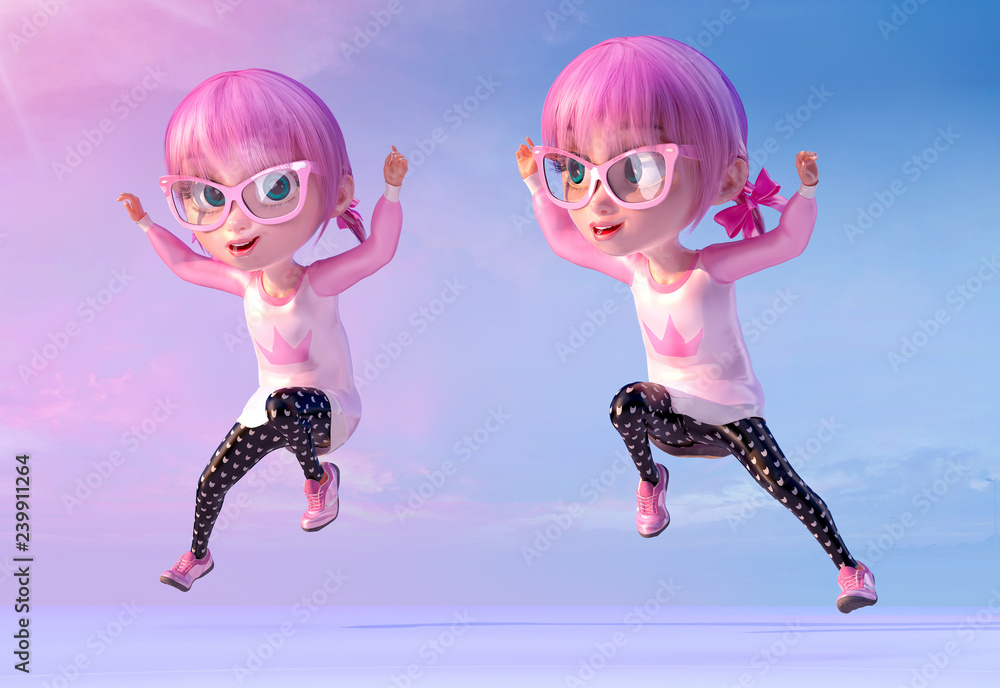 Cheerful kid girl jumping outstretched arms, two poses. Funny child cartoon  character of a kawaii child girl with glasses and pink anime hairs. Freedom  and happy childhood concept. 3D render Stock Illustration