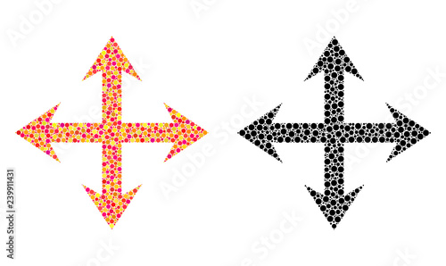 Dot expand arrows mosaic icons. Vector expand arrows icons in colorful and black versions. Collages of arbitrary circle spots.