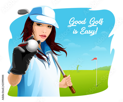 Countryside golf course with flags, greens and girl. Golfer girl holding a ball and  a stick Golf club. Vector illustration.