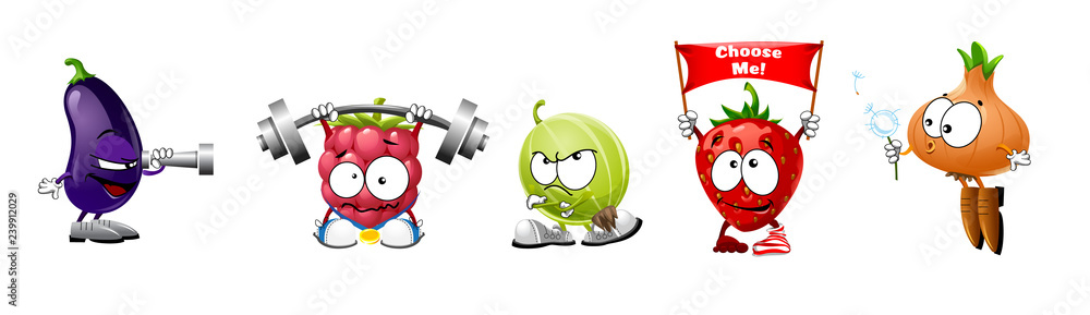 Fototapeta premium a set of multi-colored smiley vegetable icons for the web with different emotions and performing different actions