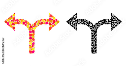 Dotted bifurcation arrows left right mosaic icons. Vector bifurcation arrows left right icons in multi-colored and black versions. Collages of casual spheric dots.