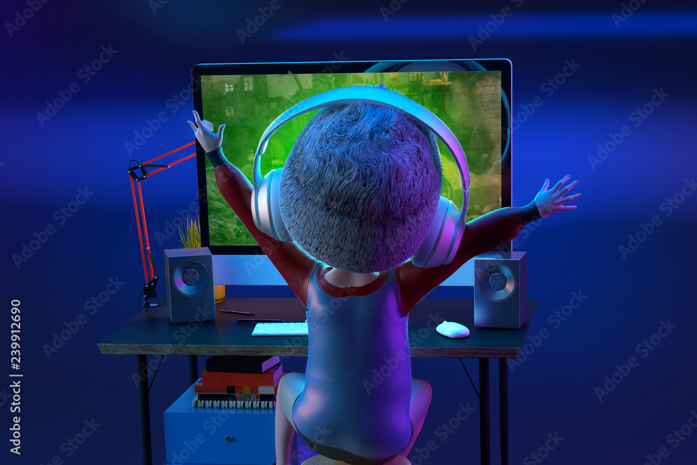 Happy kid boy gamer winning while playing video game on pc computer. Funny  child cartoon character of little boy wearing headphones. Gaming and happy  childhood concept. 3D render Stock Illustration | Adobe