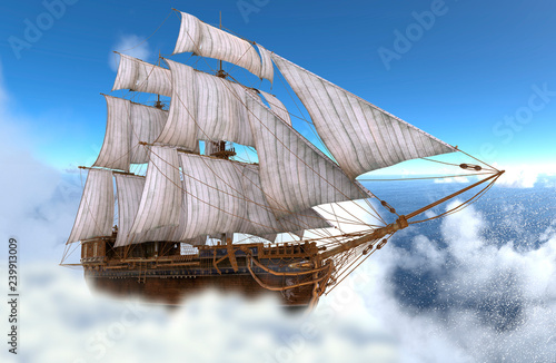 Sailboat flying above the clouds 3d illustration
