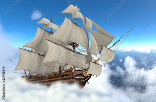 Sailboat flying above the clouds 3d illustration