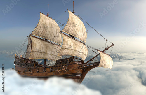Sailboat flying above the clouds 3d illustration