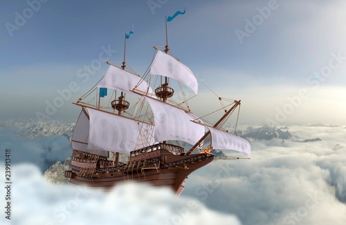 Sailboat flying above the clouds 3d illustration