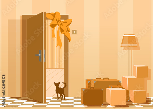 vector illustration of resettlement, relocation, interior living room, moving, cat