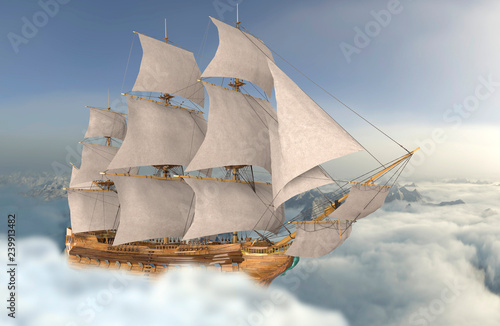 Sailboat flying above the clouds 3d illustration