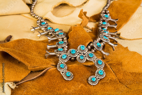 Native American Turquoise and Silver Squash Blossom and Leather Scraps