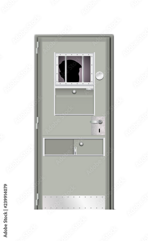 Behind the door Imprisoned male. Modern gray door prison. Behind bars In jail, shadow man in dark background. Vector noticeably better detailed, isolated illustration Behind the door Imprisoned male. Modern gray door prison. Behind bars In jail, shadow man in dark background. Vector noticeably better detailed, isolated illustration