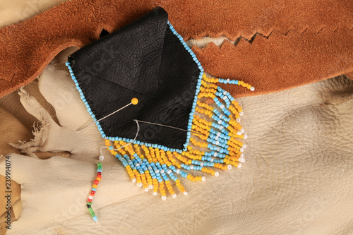 Beading on Native American Medicine Bag with Beads and Buckskin