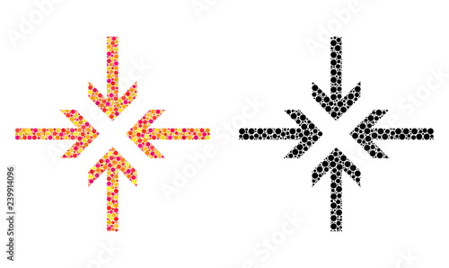 Dot reduce arrows mosaic icons. Vector reduce arrows icons in colorful and black versions. Collages of randomized circle elements.
