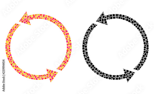 Pixel recycle mosaic icons. Vector recycle icons in colorful and black versions. Collages of casual circle elements. Vector concepts of recycle icons constructed of casual round dots.