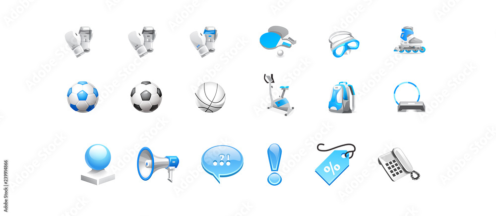 vector set of Boxing, gloves, sports shop, rollerblading, ball, equipment, gear