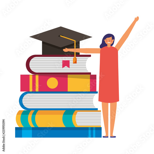 student woman and books graduation hat