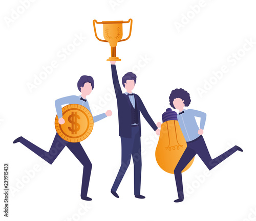 businessmen with trophy and set icons