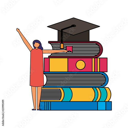 student woman and books graduation hat