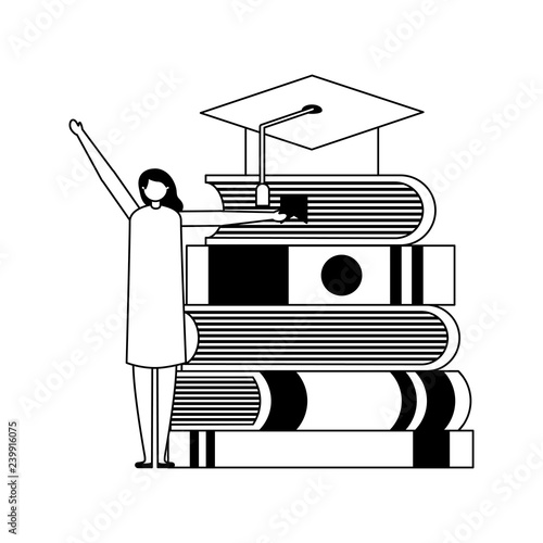 student woman and books graduation hat