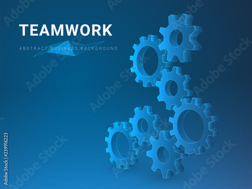 Abstract modern business background vector depicting teamwork in shape of cogwheels on blue background.