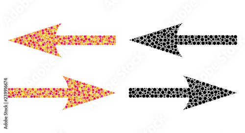 Pixel horizontal exchange arrows mosaic icons. Vector horizontal exchange arrows pictograms in bright and black versions. Collages of irregular circle dots.