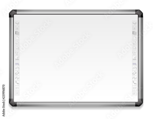 realistic interactive educational board, with metal frame, electronic materials, slides, software for an educational institution
