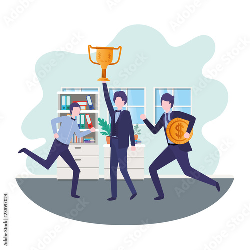 businessmen with trophy and coin in living room