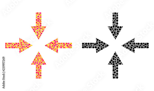 Pixel compress arrows mosaic icons. Vector compress arrows icons in bright and black versions. Collages of casual spheric elements.