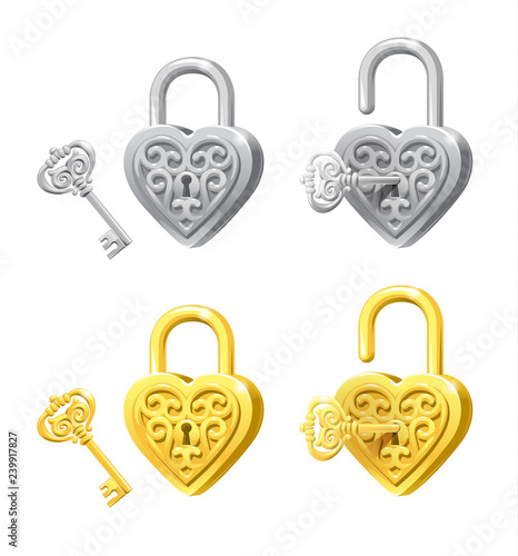 vector set of heart locks and keys silver and gold