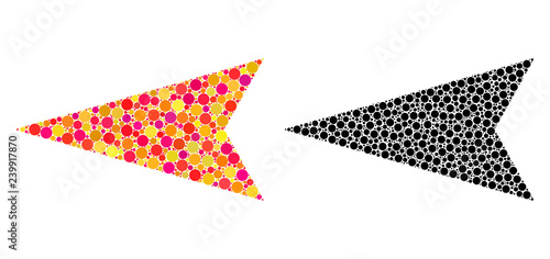 Dotted arrowhead left mosaic icons. Vector arrowhead left icons in colorful and black versions. Collages of irregular circle spots.