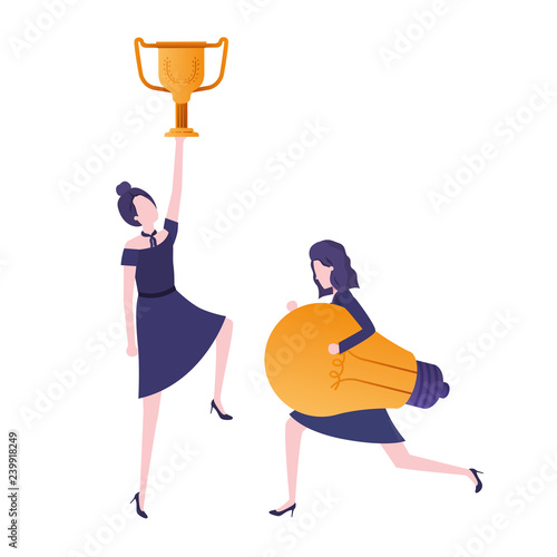 businesswomen with trophy and light bulb character