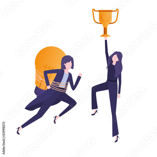 businesswomen with trophy and light bulb character