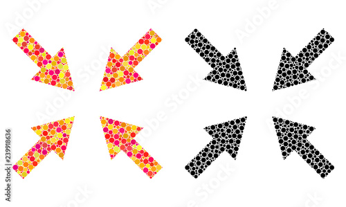 Dotted compress arrows mosaic icons. Vector compress arrows icons in colorful and black versions. Collages of different circle elements.