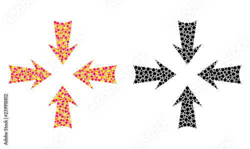 Dotted reduce arrows mosaic icons. Vector reduce arrows pictograms in bright and black versions. Collages of random circle spots. Vector compositions of reduce arrows icons made of random spots.
