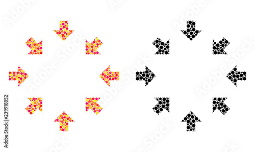 Dotted compact arrows mosaic icons. Vector compact arrows icons in bright and black versions. Collages of randomized spheric dots. Vector collages of compact arrows icons created of random dots.