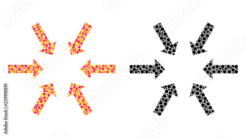 Pixel compact arrows mosaic icons. Vector compact arrows icons in bright and black versions. Collages of random circle dots. Vector compositions of compact arrows images combined of random round dots.