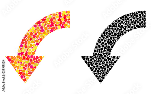 Dotted rotate down mosaic icons. Vector rotate down icons in colorful and black versions. Collages of randomized spheric elements.